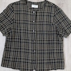 Vintage Alfred Dunner Black & Cream Plaid Women's Short Sleeve Button Down Shirt